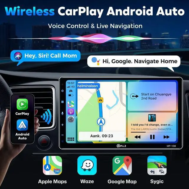 Alt view image 3 of 7 - 10.1" Wireless Single Din Car Radio Stereo with Apple Carplay Android Auto Touch Screen, Car Play Audio Receivers Headunit, Bluetooth 5.3, Backup Camera, 240W, 2 Subwoofers, Navigation, FM/AM, SWC