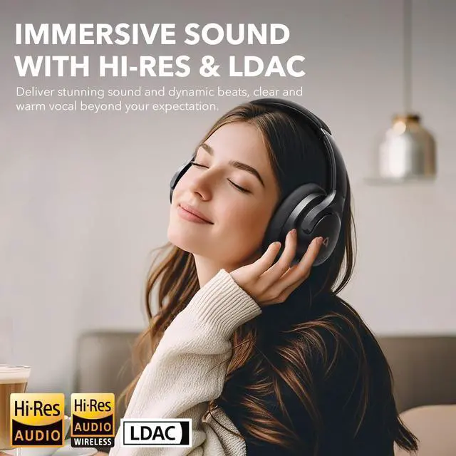 Alt view image 2 of 7 - Y8+ Noise Cancelling Headphones Bluetooth, Wireless LDAC Hi-Res Audio, Custom EQ via App, 75H Playtime, Comfort Fit, Over Ear Headphones Foldable for Airplane Travel Home Office Black