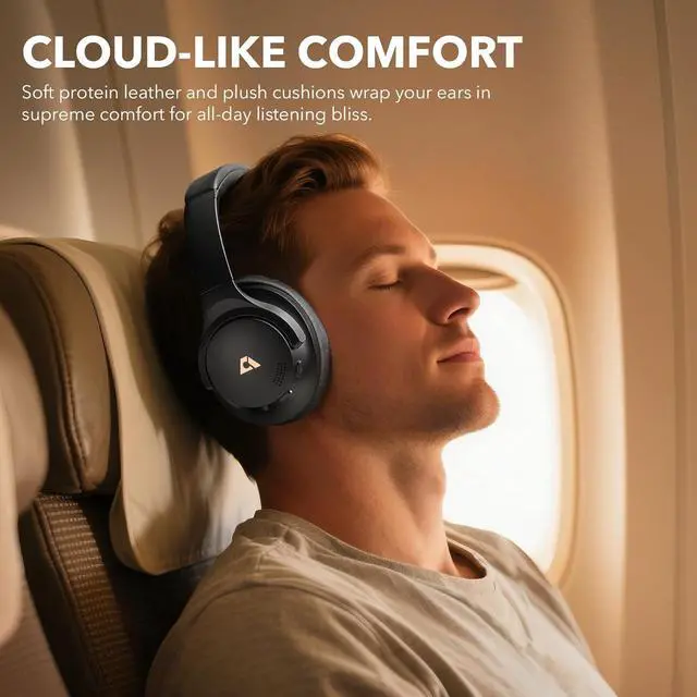 Alt view image 7 of 7 - Y8+ Noise Cancelling Headphones Bluetooth, Wireless LDAC Hi-Res Audio, Custom EQ via App, 75H Playtime, Comfort Fit, Over Ear Headphones Foldable for Airplane Travel Home Office Black