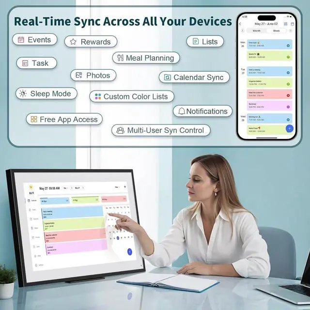Alt view image 3 of 7 - Digital Calendar, 21.5 Inch Smart WiFi Digital Calendar&Chore Chart, 1920 * 1080 IPS Touch Screen HD Display for Family Schedules, Wall-Mounted, Share Moments Instantly from Anywhere