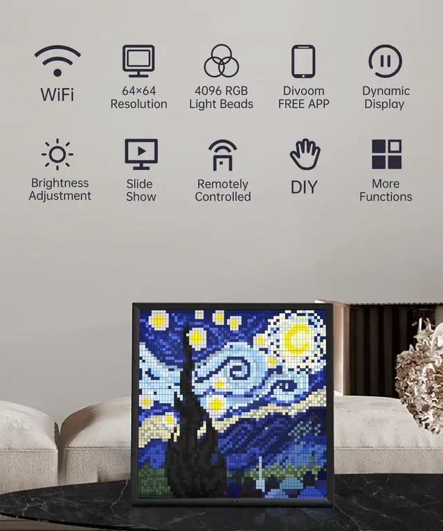 Alt view image 7 of 7 - Pixoo-64 - WiFi Pixel Cloud Digital Picture Frame with APP Control,64 X 64 LED Panel Display Frame for Gaming Room DecoratioSocial Media Fans Counter