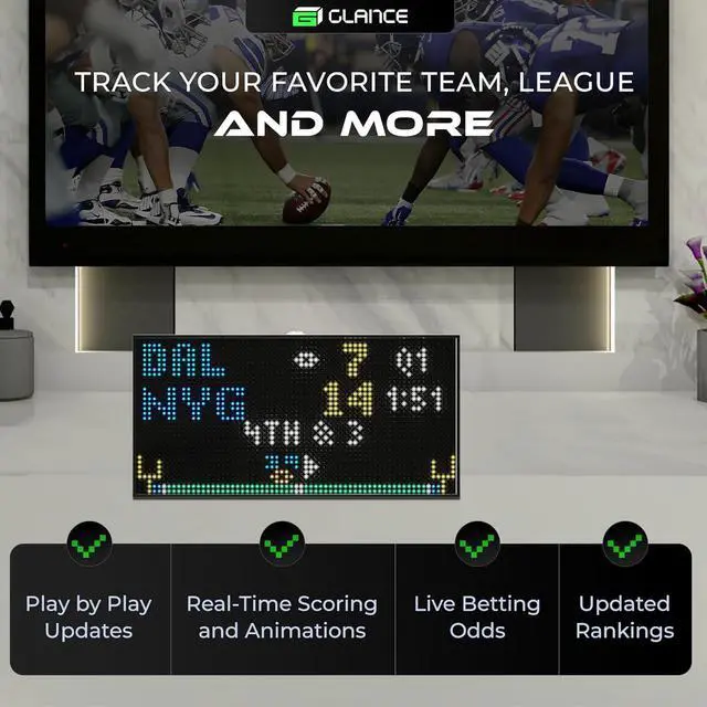 Alt view image 4 of 7 - Glance LED Ticker - Customizable LED Display Sports Ticker, LED Display for Man Cave, Stock Market Ticker Display, Sports Score Retro Smart Pixel Display, Weather Display - 8"x4" Made in USA