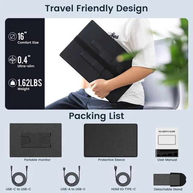 Alt view image 7 of 7 - Portable Monitor, 16 Inch FHD 1200P, 360° Rotating Detachable Stand, Plug&Play Travel Monitor for Laptop, Ultra-Thin Zero Frame, Premium Smart Cover, Screen Laptop/PC/Mac by DT