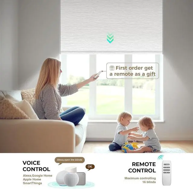 Alt view image 2 of 7 - Motorized Blinds with Remote, 100% Blackout Smart Blinds, Motorized Shades, Automatic Blinds for Windows, Electric Blinds Work with Alexa Google and Homekit (Light Chaser-Perla Bianca BO)