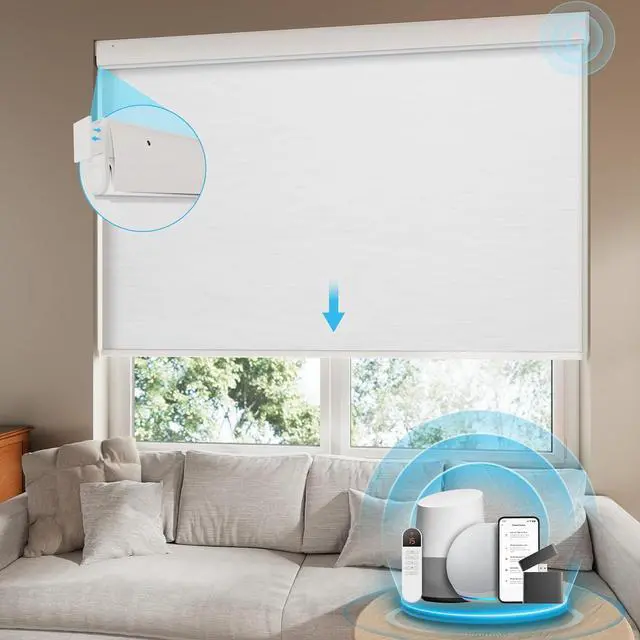 Main image of Motorized Blinds with Remote, No Drill Cordless Roller Shades, 100% Blackout Smart Blinds, Compatible with Alexa, Google, Automatic Blinds for Windows, 34" Wx72 H
