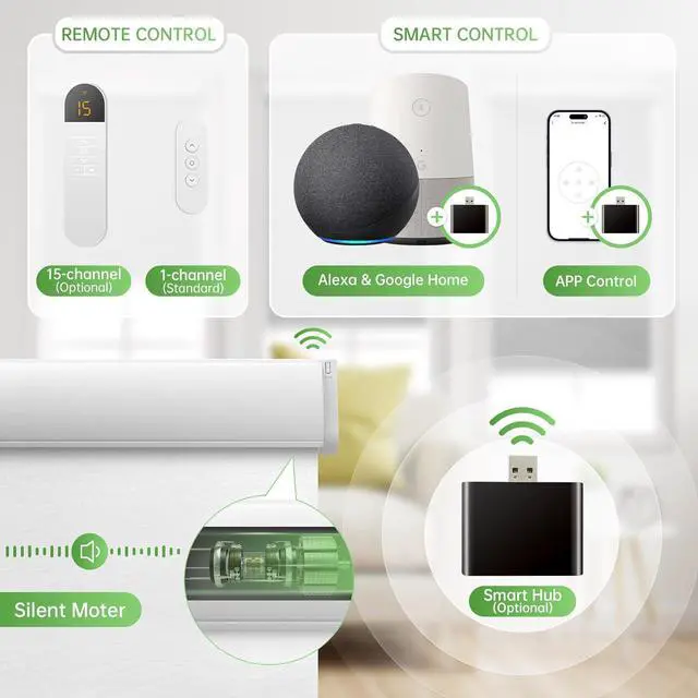 Alt view image 3 of 6 - Motorized Blinds with Remote, No Drill Cordless Roller Shades, 100% Blackout Smart Blinds, Compatible with Alexa, Google, Automatic Blinds for Windows, 34" Wx72 H