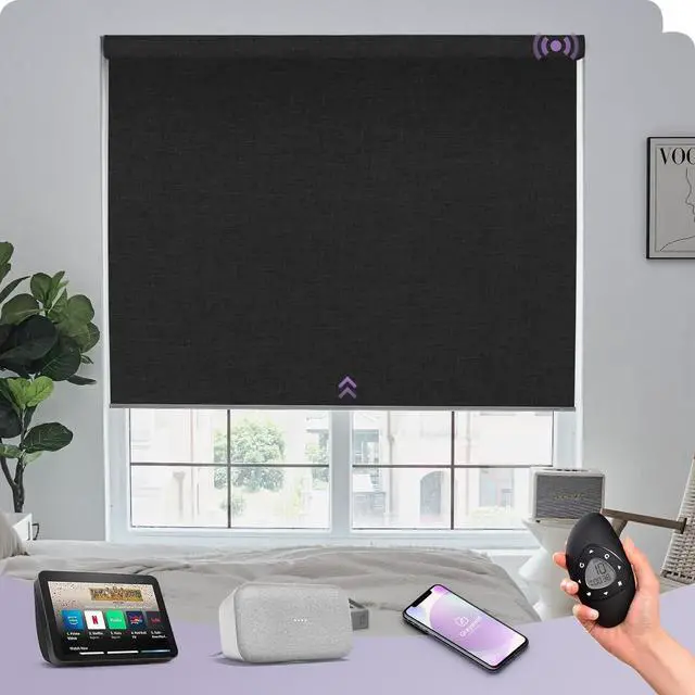 Main image of Motorized Roller Shade Work with Alexa Google 100% Blackout Rechargeable Smart Blinds Remote Control Battery Motor Cordless Window Shades, Customized Size (Matt Black)