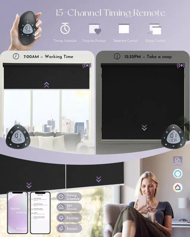 Alt view image 4 of 7 - Motorized Roller Shade Work with Alexa Google 100% Blackout Rechargeable Smart Blinds Remote Control Battery Motor Cordless Window Shades, Customized Size (Matt Black)