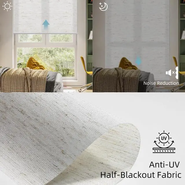 Alt view image 6 of 7 - Motorized Light Filte Shades, Work with Matter Thread Z-wave Alexa Google, 70% Blackout Shades Translucent Cordless Window Shade with Remote Rechargeable Up 110"W x 148"H, Linen White