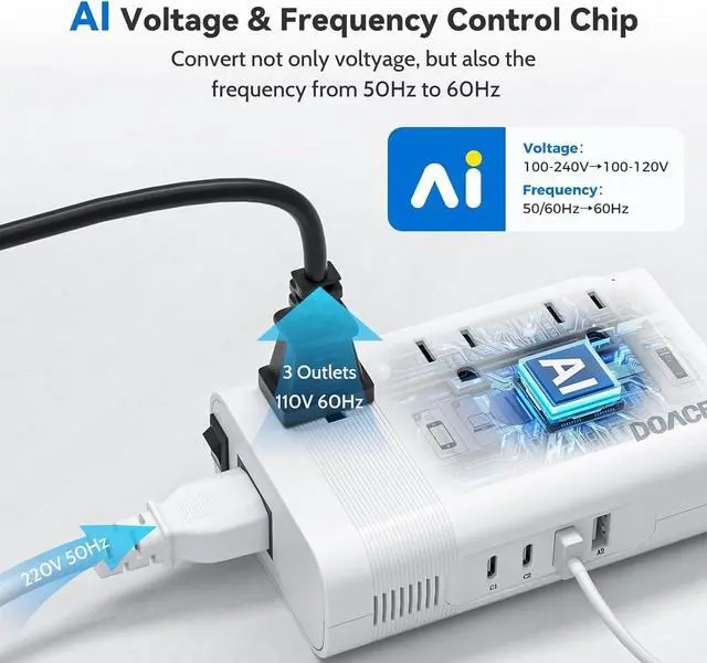 Alt view image 5 of 7 - 220v to 110v Voltage Converter US to Europe: 350W 220 to 110 Voltage Converter for European Travel - International Power Adapter Plug Combo Step Down Transformer White