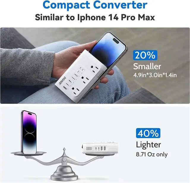 Alt view image 6 of 7 - 220v to 110v Voltage Converter US to Europe: 350W 220 to 110 Voltage Converter for European Travel - International Power Adapter Plug Combo Step Down Transformer White