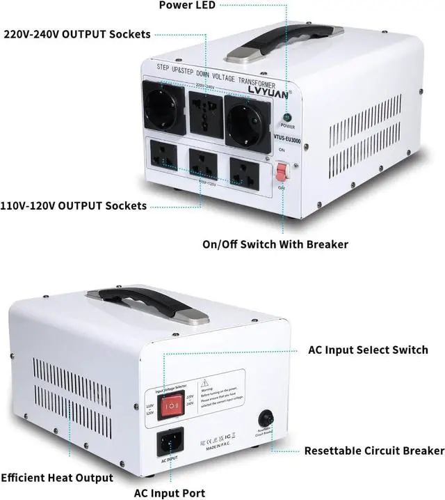 Alt view image 2 of 7 - 3000W Voltage Transformer Power Converter Step Up 110V to 220V, Step Down 220V to 110V, 110/120 Volt - 220/240 Volt