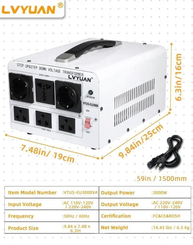 Alt view image 7 of 7 - 3000W Voltage Transformer Power Converter Step Up 110V to 220V, Step Down 220V to 110V, 110/120 Volt - 220/240 Volt