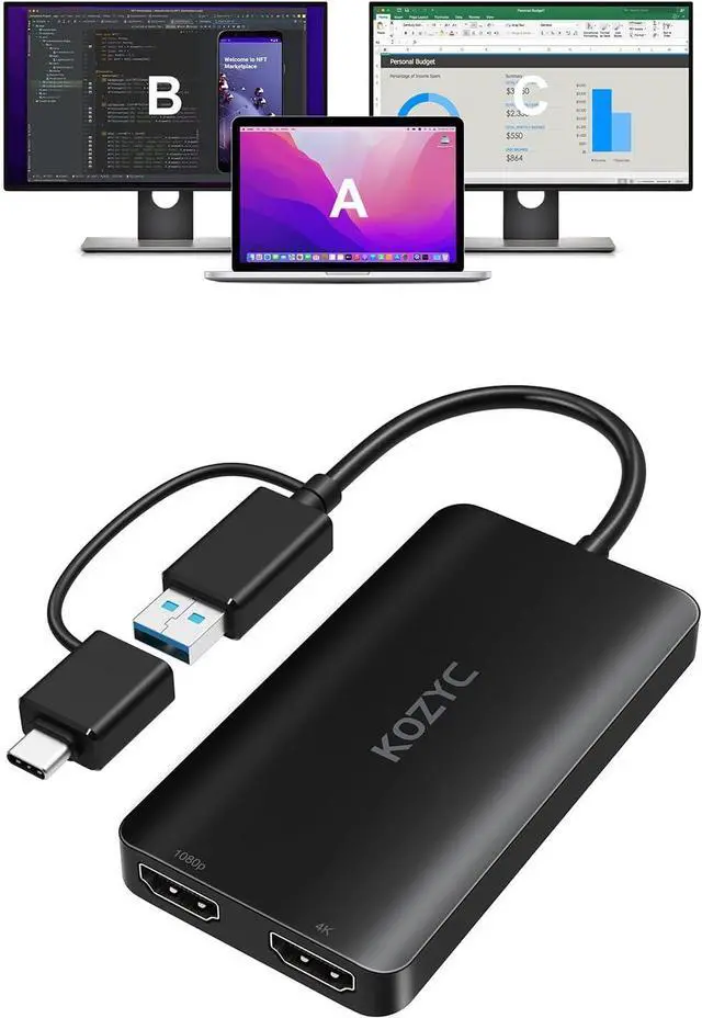 Main image of USB 3.0 to HDMI Splitter Extended Display Dual Monitors, USB 3.0-A/C to Dual HDMI Adapter 4K@30Hz+1080p@60Hz Compatible MacBook/MacBook Pro Air Dell (MST Support MacOS/Windows)