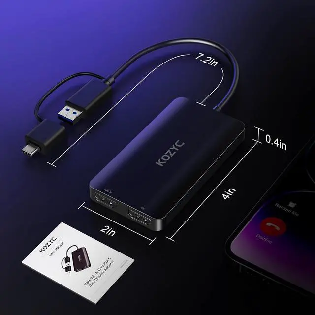 Alt view image 7 of 7 - USB 3.0 to HDMI Splitter Extended Display Dual Monitors, USB 3.0-A/C to Dual HDMI Adapter 4K@30Hz+1080p@60Hz Compatible MacBook/MacBook Pro Air Dell (MST Support MacOS/Windows)