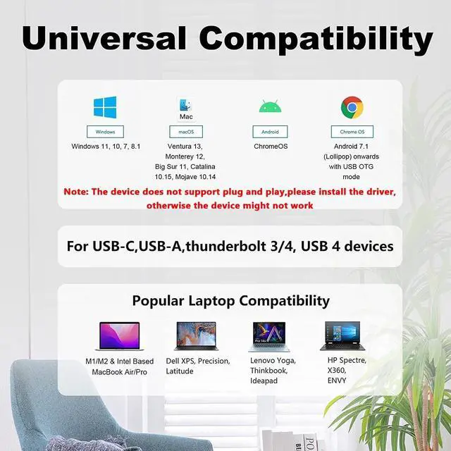 Alt view image 2 of 7 - HDMI Splitter Extended Display for Dual Monitor USB A or USB-C to Dual HDMI Adapter Multi-Monitor Display 3 Separate Screens for Windows and macOS 4K30Hz 1080p@60Hz