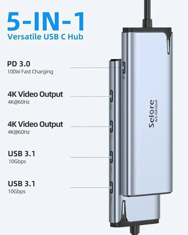 Alt view image 2 of 7 - USB C Splitter with 4K/60Hz Video Output,USB C Hub Dual Monitor with DP Alt Mode,10Gbps Data Transfer,100W PD,Docking Station Dual Monitor for Windows Laptop,Portable Monitors