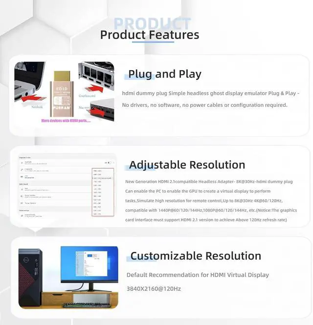 Alt view image 4 of 7 - 8K 30Hz HDMI Dummy Plug 4K EDID Emulator Virtual Monitor, Headless Display Adapter,Supports up to 4k@120Hz,1440/1080@144Hz hdmi Fake emulators(8K-30Hz-5k)