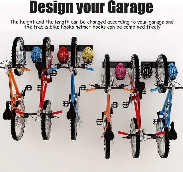 Alt view image 6 of 7 - Bike Storage Rack 68 inch with Bike Tire Wall Protectors Wall Mount Garage Bike Hanger for 6 Bikes Adjustable Bike Hooks for Home indoor Holds Up to 500lbs(6 bike hooks + 6 bike accessory hooks)