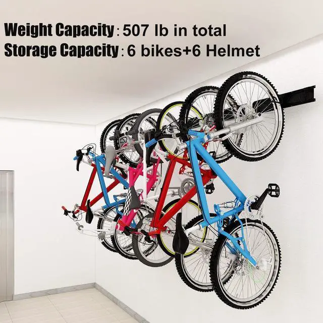 Alt view image 7 of 7 - Bike Storage Rack 68 inch with Bike Tire Wall Protectors Wall Mount Garage Bike Hanger for 6 Bikes Adjustable Bike Hooks for Home indoor Holds Up to 500lbs(6 bike hooks + 6 bike accessory hooks)
