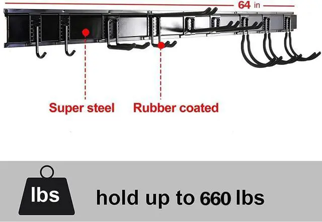 Alt view image 2 of 7 - 13 PCS Tool Storage Rack, 64 Inches Adjustable Garage Organization Wall Mounted Storage System with 9 Hooks, Heavy Duty Steel Garden Tool Organizer Wall Holders