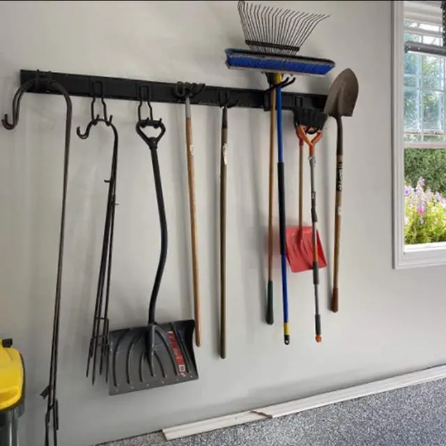 Alt view image 5 of 7 - 13 PCS Tool Storage Rack, 64 Inches Adjustable Garage Organization Wall Mounted Storage System with 9 Hooks, Heavy Duty Steel Garden Tool Organizer Wall Holders