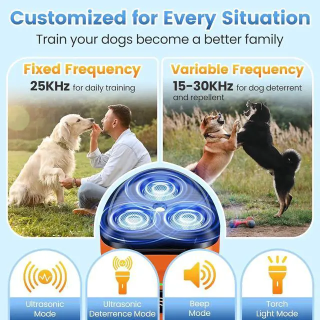 Alt view image 5 of 7 - Dog Bark Deterrent Device 3X Anti Barking Device for Dogs, 5 Modes Stop Neighbors Dog Barks No More Safe for All Dogs 50FT Bark Control Indoor Outdoor with Flashlight,Rechargeable Training Device
