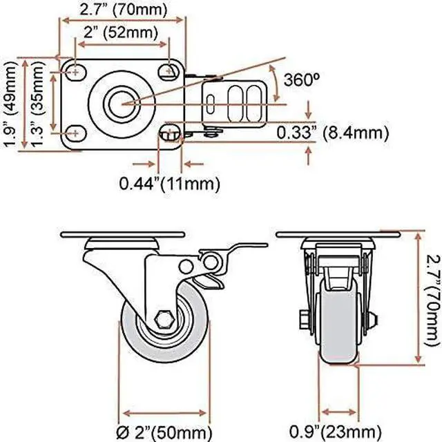 Alt view image 2 of 7 - 24 k Swivel 2" Caster Wheels Rubber Base with Top Plate & Bearing Heavy Duty with Total Lock Brake (24 k with Brake)