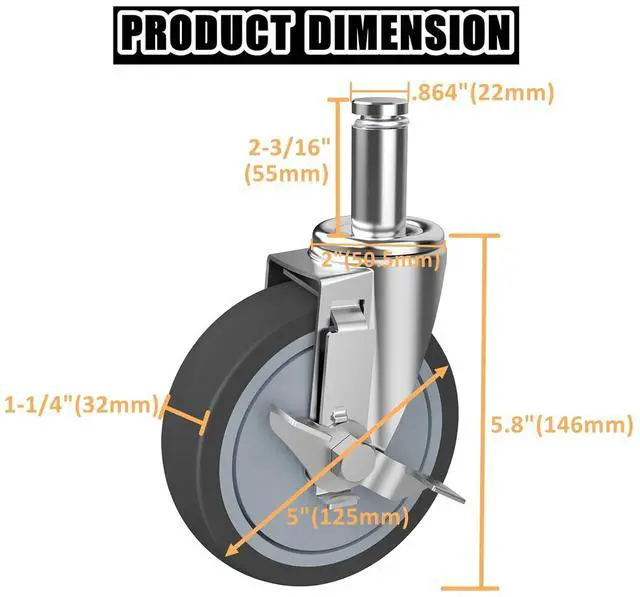 Alt view image 2 of 7 - 5-Inch Caster for Wire Shelving Racks, Heavy Duty Scaffolding Wheel with Brake, Set of 4 Metro Shelving Replacement Wheels(.864" x 2-3/16")