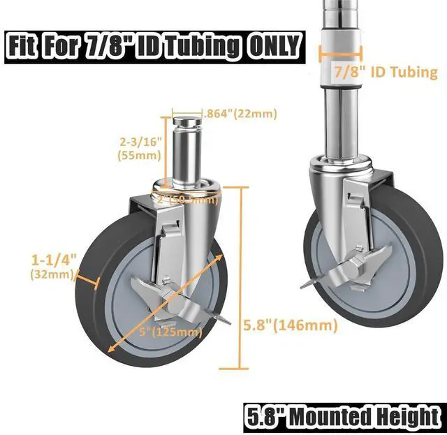 Alt view image 3 of 7 - 5-Inch Caster for Wire Shelving Racks, Heavy Duty Scaffolding Wheel with Brake, Set of 4 Metro Shelving Replacement Wheels(.864" x 2-3/16")