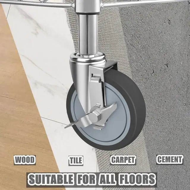 Alt view image 4 of 7 - 5-Inch Caster for Wire Shelving Racks, Heavy Duty Scaffolding Wheel with Brake, Set of 4 Metro Shelving Replacement Wheels(.864" x 2-3/16")