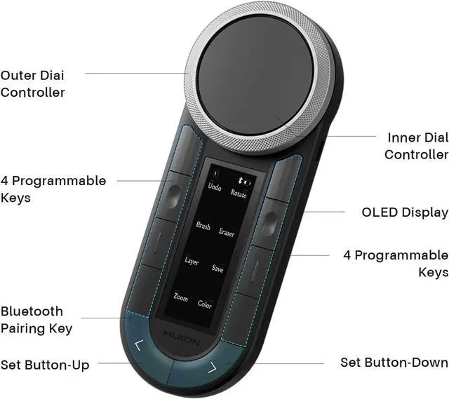 Alt view image 2 of 7 - Keydial Remote Bluetooth Programmable Keypad with Dual Dials 60 Customized Keys, OLED Display Macro Keypad Work with PC, Mac, Mobile, One-Hand Shortcut Keyboard for Drawing Tablet, Laptops