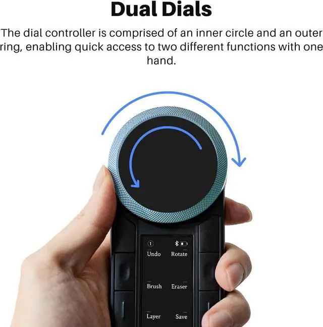 Alt view image 4 of 7 - Keydial Remote Bluetooth Programmable Keypad with Dual Dials 60 Customized Keys, OLED Display Macro Keypad Work with PC, Mac, Mobile, One-Hand Shortcut Keyboard for Drawing Tablet, Laptops
