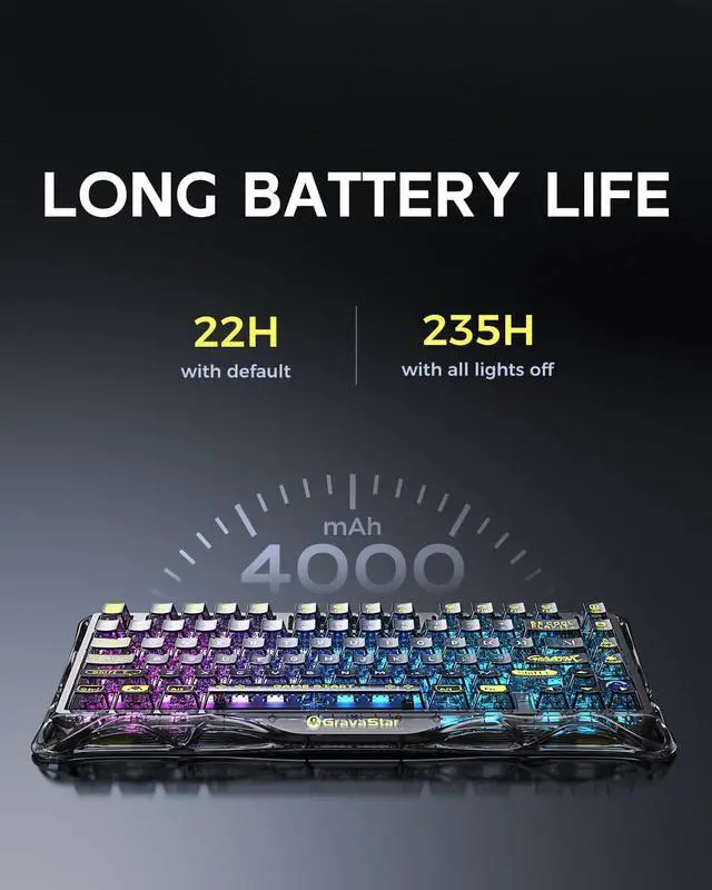 Alt view image 6 of 7 - Mercury K1 Lite 75% Gaming Keyboard, 2.4GHz/BT/Wired Tri-Mode Wireless Gasket Hot Swappable Mechanical Pre-lubed Linear Switches, RGB Backlit (Transparent Black)