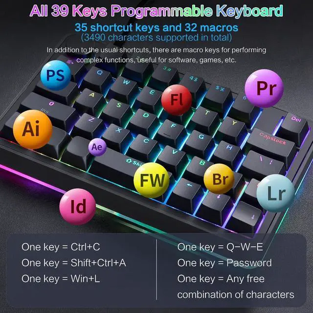 Alt view image 2 of 7 - Koolertron Single-Handed Macro Mechanical Keyboard, RGB LED Backlit Portable Mini One-Handed Mechanical Gaming Keypad 39 Fully Programmable Keys (39 Keyboard Black)