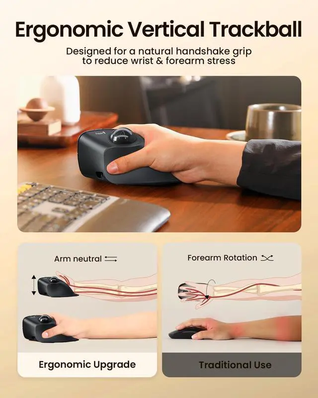 Alt view image 2 of 7 - Vertical Wireless Trackball Mouse, EM05 NL Bluetooth Ergonomic Rollerball Mouse Rechargeable Computer Laptop Thumb Mice, 3 Device Connection, Compatible with iPad, Mac, Windows, PC-Gray