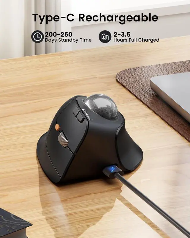 Alt view image 7 of 7 - Vertical Wireless Trackball Mouse, EM05 NL Bluetooth Ergonomic Rollerball Mouse Rechargeable Computer Laptop Thumb Mice, 3 Device Connection, Compatible with iPad, Mac, Windows, PC-Gray