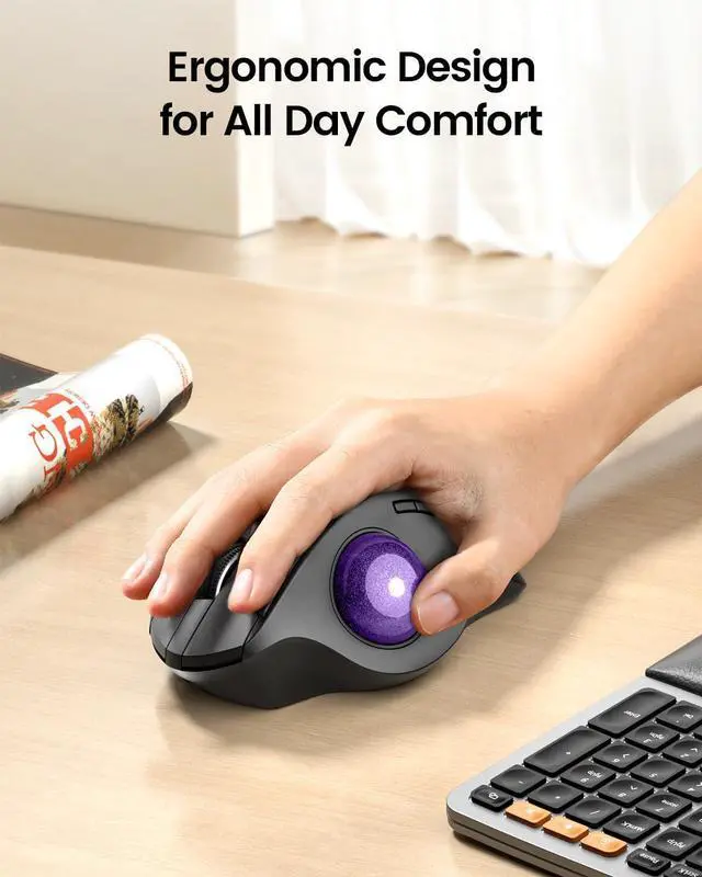 Alt view image 3 of 7 - ProtoArc Wireless Trackball Mouse, EM01 NL Ergonomic Bluetooth Rollerball Thumb Rechargeable Computer Laptop Mouse, Adjustable Angle & 3 Device Connection for PC, Mac, Windows-Purple Ball