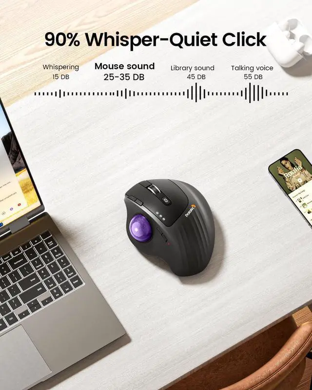 Alt view image 6 of 7 - ProtoArc Wireless Trackball Mouse, EM01 NL Ergonomic Bluetooth Rollerball Thumb Rechargeable Computer Laptop Mouse, Adjustable Angle & 3 Device Connection for PC, Mac, Windows-Purple Ball