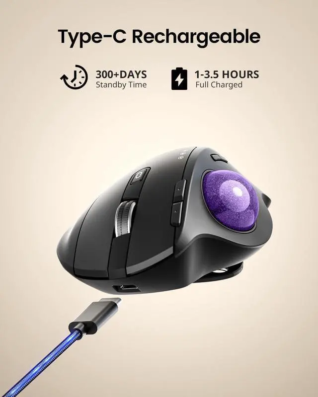Alt view image 7 of 7 - ProtoArc Wireless Trackball Mouse, EM01 NL Ergonomic Bluetooth Rollerball Thumb Rechargeable Computer Laptop Mouse, Adjustable Angle & 3 Device Connection for PC, Mac, Windows-Purple Ball