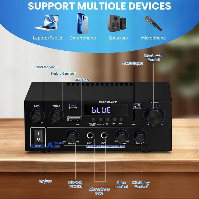 Alt view image 4 of 7 - Amplifier Home Audio Stereo 1000W, Bluetooth 5.3 Amplifier for Two 50W x2 Sers of About 8 Inches, SD Card/USB/MIC, 2.0 Channel HiFi for TV, Home or Your Car (AK55)