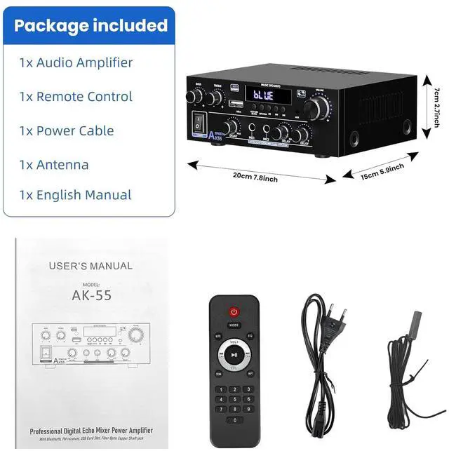 Alt view image 7 of 7 - Amplifier Home Audio Stereo 1000W, Bluetooth 5.3 Amplifier for Two 50W x2 Sers of About 8 Inches, SD Card/USB/MIC, 2.0 Channel HiFi for TV, Home or Your Car (AK55)