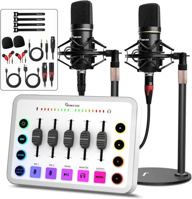 Main image of Podcast Equipment Bundle for 2, Streaming Audio Interface with 5 Channel, XLR Microphone Interface, RGB,48V Phantom Power, Perfect for Game,Podcast,Record,TikTok-White (H1)