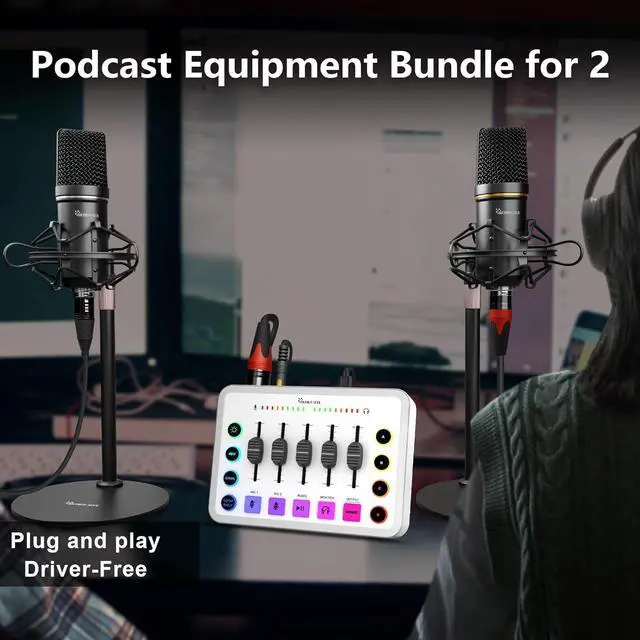 Alt view image 2 of 7 - Podcast Equipment Bundle for 2, Streaming Audio Interface with 5 Channel, XLR Microphone Interface, RGB,48V Phantom Power, Perfect for Game,Podcast,Record,TikTok-White (H1)