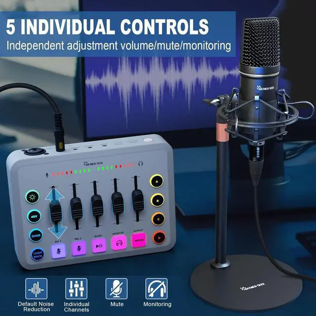 Alt view image 3 of 7 - Podcast Equipment Bundle for 2, Streaming Audio Interface with 5 Channel, XLR Microphone Interface, RGB,48V Phantom Power, Perfect for Game,Podcast,Record,TikTok-White (H1)