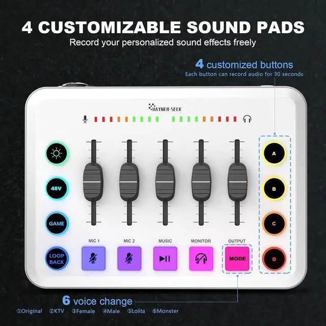 Alt view image 6 of 7 - Podcast Equipment Bundle for 2, Streaming Audio Interface with 5 Channel, XLR Microphone Interface, RGB,48V Phantom Power, Perfect for Game,Podcast,Record,TikTok-White (H1)