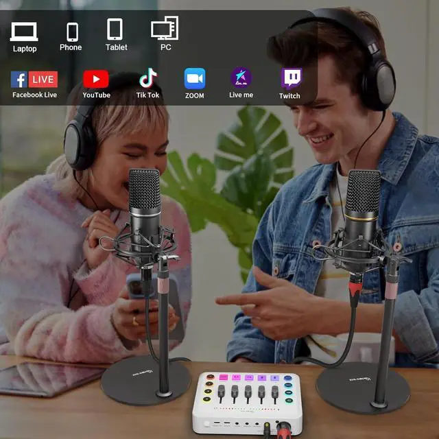 Alt view image 7 of 7 - Podcast Equipment Bundle for 2, Streaming Audio Interface with 5 Channel, XLR Microphone Interface, RGB,48V Phantom Power, Perfect for Game,Podcast,Record,TikTok-White (H1)