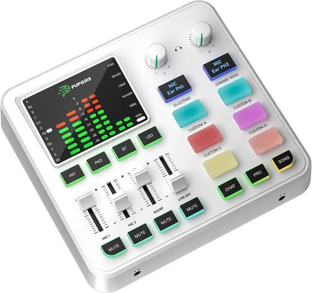 Main image of PUPGSIS qwe Gaming Audio Mixer, Audio Interface for PC/Podcast/Streaming, Sound Board with 3.5mm/XLR Mic Input, 48V Phantom Power, Voice Changer, Live Sound Card with DJ Mixer Effects(White)