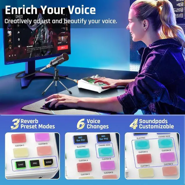 Alt view image 2 of 7 - PUPGSIS qwe Gaming Audio Mixer, Audio Interface for PC/Podcast/Streaming, Sound Board with 3.5mm/XLR Mic Input, 48V Phantom Power, Voice Changer, Live Sound Card with DJ Mixer Effects(White)