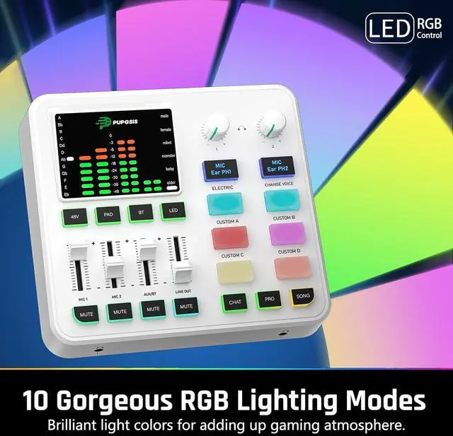 Alt view image 4 of 7 - PUPGSIS qwe Gaming Audio Mixer, Audio Interface for PC/Podcast/Streaming, Sound Board with 3.5mm/XLR Mic Input, 48V Phantom Power, Voice Changer, Live Sound Card with DJ Mixer Effects(White)